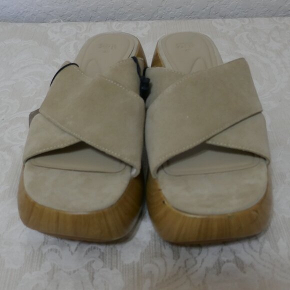Zara Leather Suede Neutral Chunky Platform Slip On Criss Cross Sandal Slides 9 - Picture 7 of 13